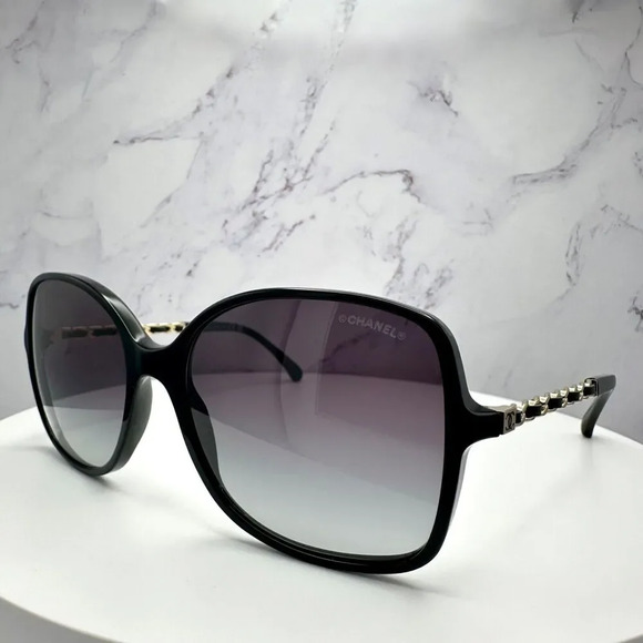 CHANEL Sunglasses Black Gold Chain Arms Interlocking CC Logo Acetate Square New - Picture 5 of 16